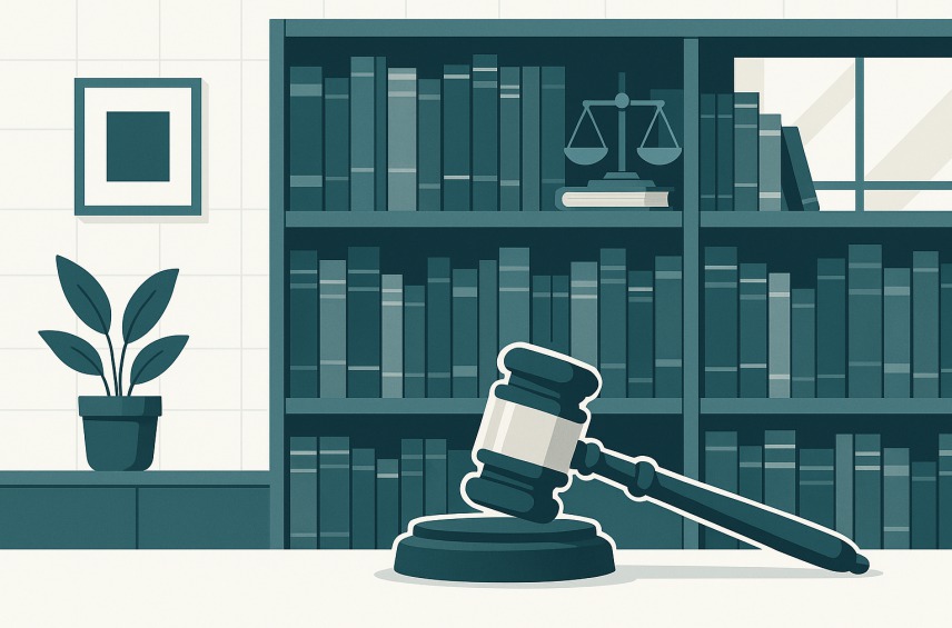 Legal books and gavel in modern library